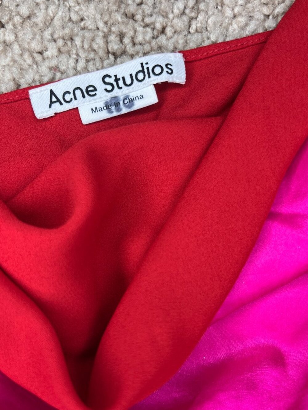 Acne Studios Pink and Red Midi Dress with Slit Satin and Scoop Neck Medium